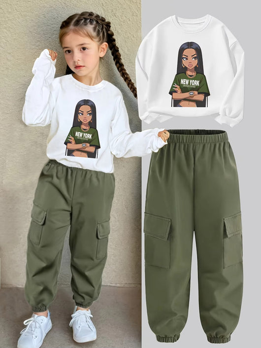 Trendy Streetwear Two-Piece Set – Girls Letter Print Sweatshirt & Cargo Pants