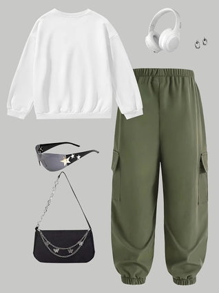 Trendy Streetwear Two-Piece Set – Girls Letter Print Sweatshirt & Cargo Pants
