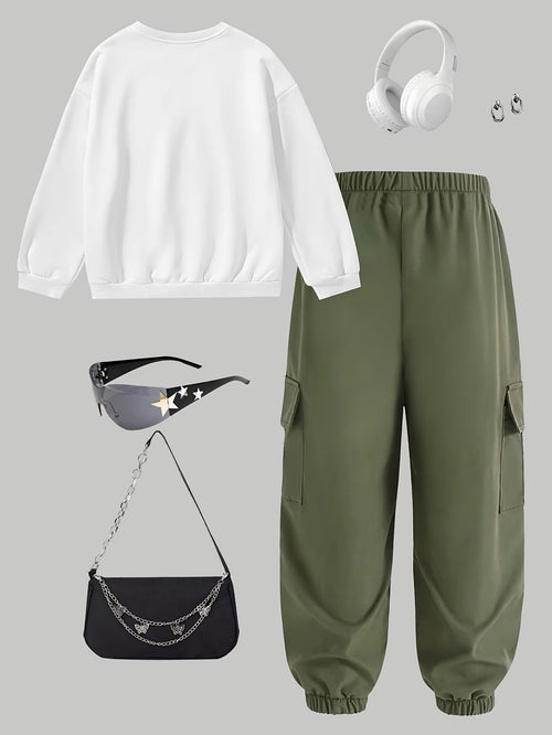 Trendy Streetwear Two-Piece Set – Girls Letter Print Sweatshirt & Cargo Pants
