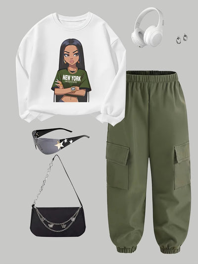 Trendy Streetwear Two-Piece Set – Girls Letter Print Sweatshirt & Cargo Pants