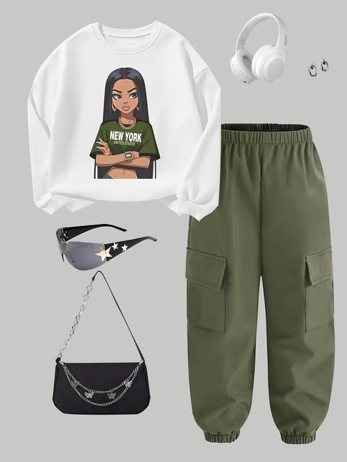 Trendy Streetwear Two-Piece Set – Girls Letter Print Sweatshirt & Cargo Pants
